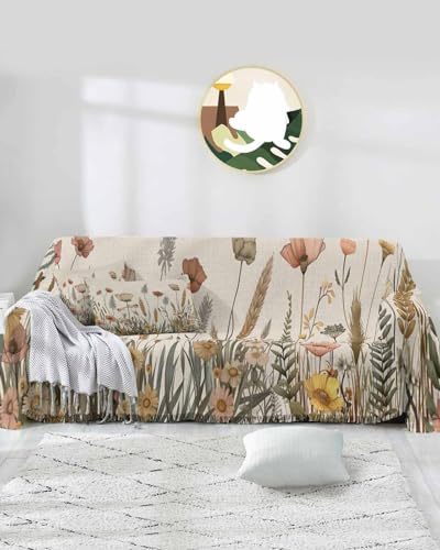 Fall Sofa Cover Couch Covers for 3 Cushion Couch Throw Couch Cover with Tassel Soft Sofa Slipcover Autumn Floral Flowers Plants Beige Couch Furniture Protector for Dog Pet 71