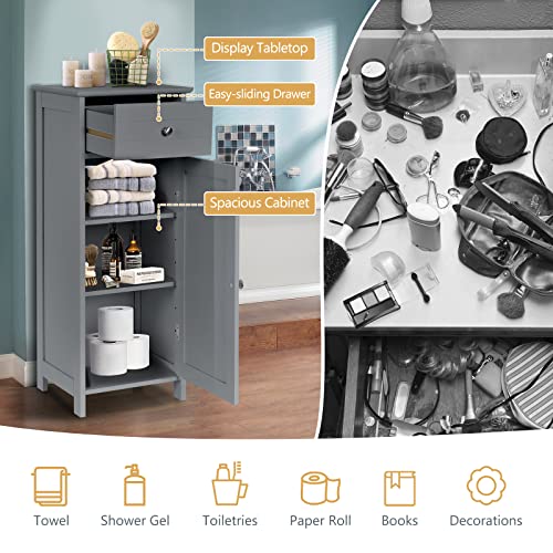 Floor Storage Cabinet, Bathroom Freestanding Side Storage Organizer, Single Door Floor Storage Cabinet w/Drawer & Adjustable Shelves, Modern Side Cabinet for Entryway Living Room (Black)