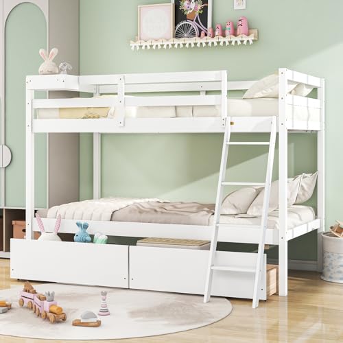 KOMFOTT Twin Over Twin Bunk Bed with 2 Roll-Out Drawers, Wood Bunk Bed Frame with Removable Storage Box, Bunk Bed with Ladder & Safety Guardrail for Dorm Apartment Home, No Box Spring Needed (Grey)