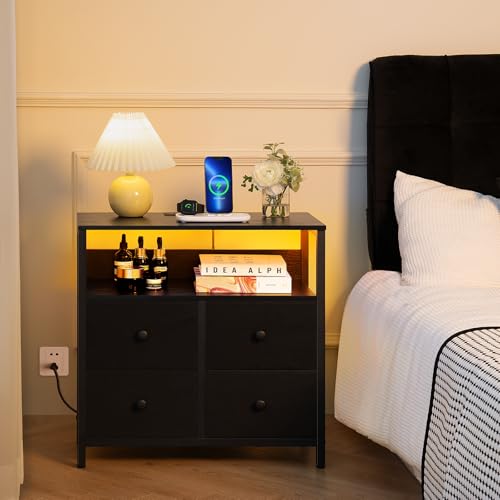 Yoobure Night Stand with Charge Station, Nightstand with 4 Drawers Bedside Table, LED Dresser with Storage Shelf, Night Stands for Bedroom, Side Table 3-Tier Wood End Table for Home Rustic Brown