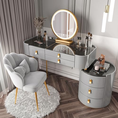 Vanity Desk With Lighted Mirror And Glass Top, Large Makeup Table Set With Drawers, Side Cabinet & Chair, Dressing Table With 3 Lighting Colors Lights Mirror, For Her ( Color : Gris , Size : 100cm/39.
