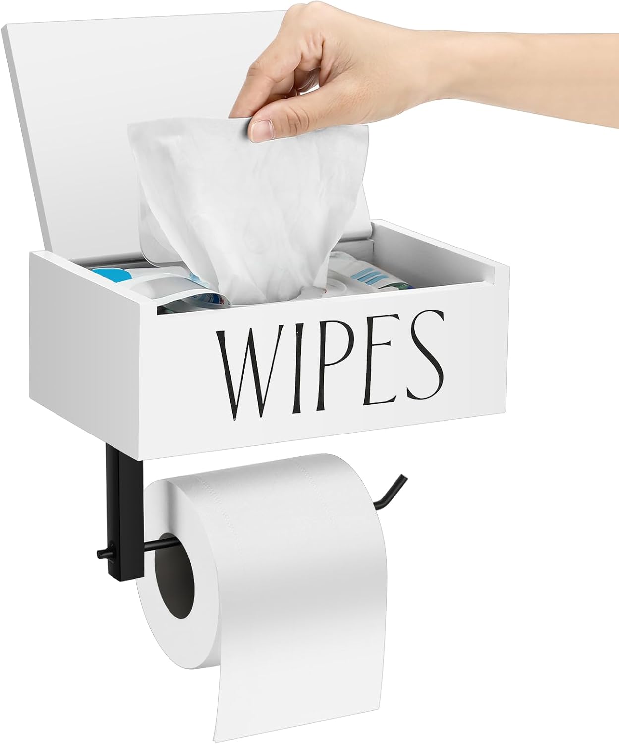 Wood Toilet Paper Holder Flushable Wipes Dispenser 8x5x6 Inches Toilet Paper and Wipes Holder Wooden Wall Mount Bathroom Phone Shelf Restroom Organizer