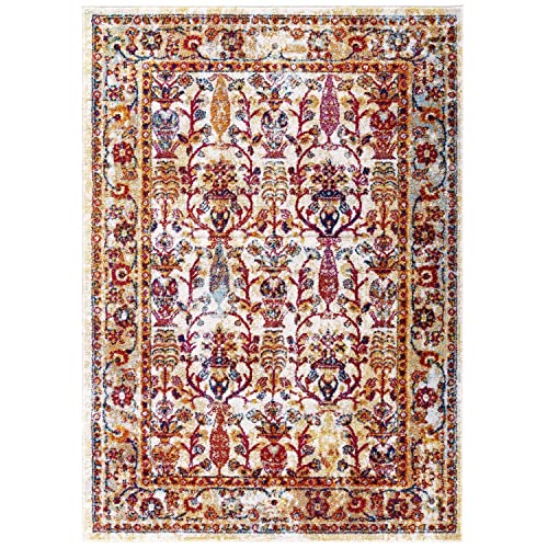 Modway Entourage Odile Transitional Distressed Vintage Floral Moroccan Trellis 8x10 Area Rug, Ivory, Blue, Red, Orange, Yellow