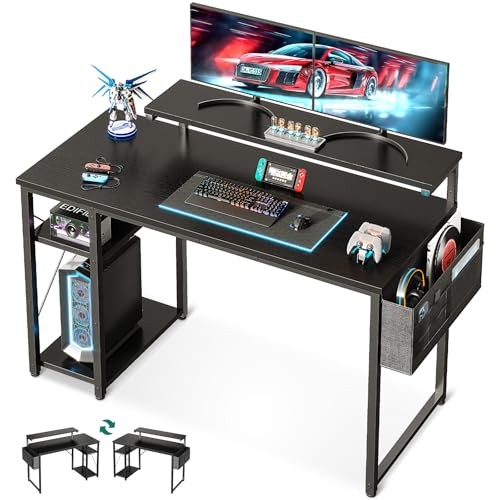 KKL 48 inch Small Computer Desk with Adjustable Monitor Stand, Home Office Desk & Workstation with Storage Shelves, Reversible Work Writing Study Table for Bedroom, Black