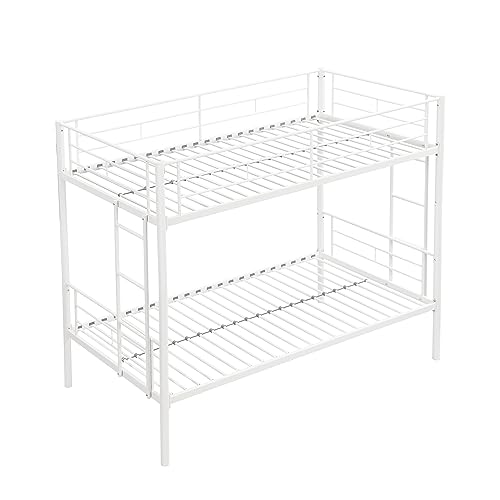 Twin Over Twin Metal Bunk Bed,Metal Structure Bedframe with Safety Guardrails and 2 ladders,Convertible Bunkbeds,No Spring Box Required and Space Saving Design (White)