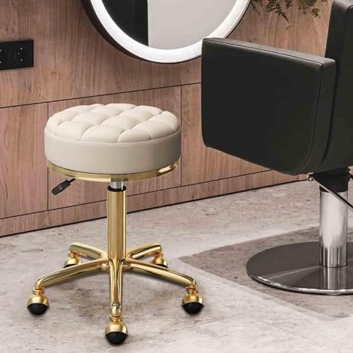 Round Rolling Stool, Swivel Stool with Wheels, PU Leather Swivel Chair, Hydraulic Lift Adjustable Stool for Office Salon Massage Spa, Gold 5 Claw Base with Wheels(Off White)