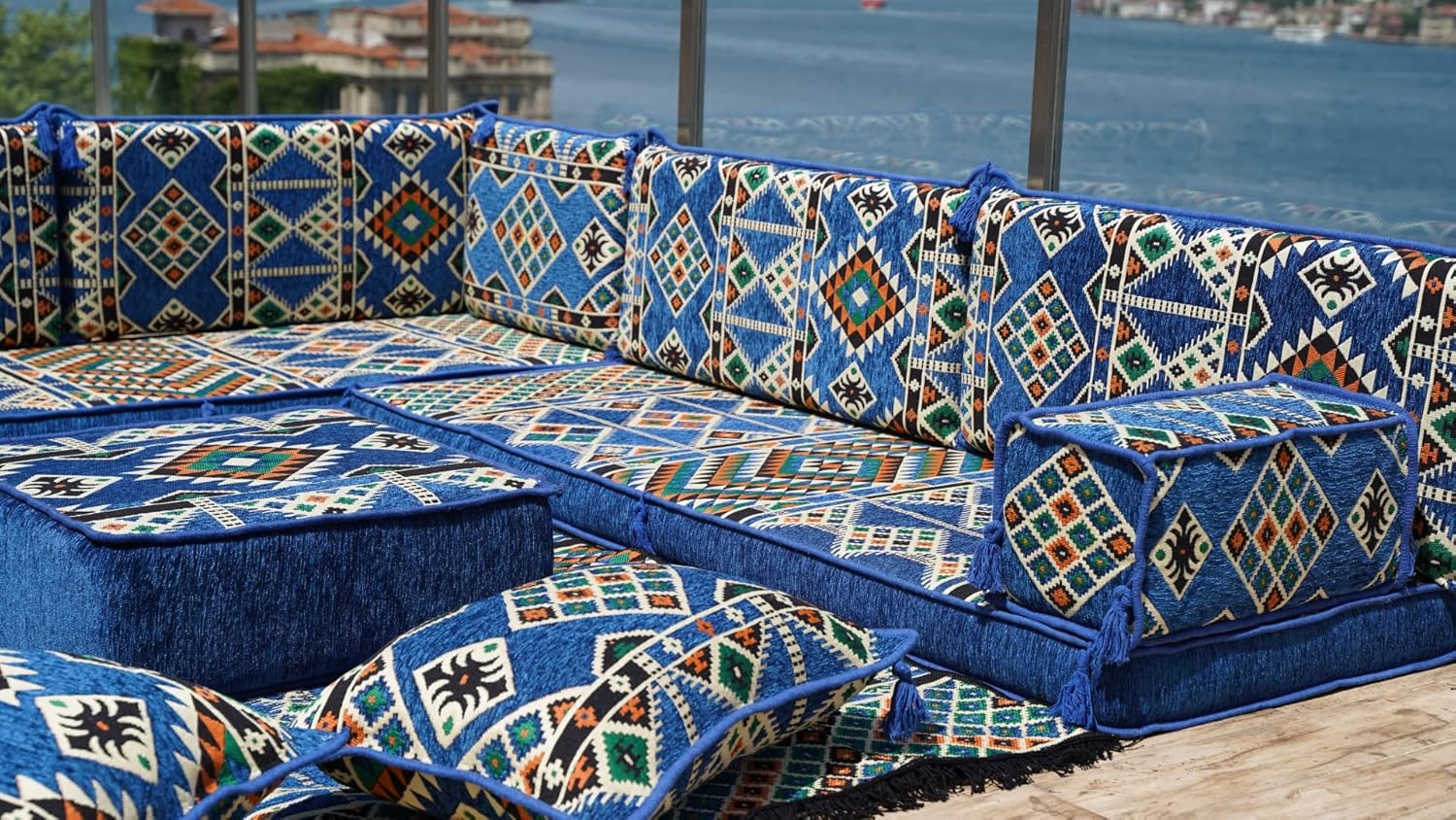 Royal Blue L Shaped Floor Couch, Sectional Sofa Set, Floor Pillow, Arabic Majlis, Moroccan Livingroom Cushion, 4