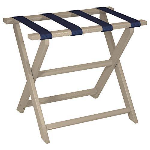 Gate House Furniture Beige Eco-Poly Folding Luggage Rack with 4 Navy Nylon Straps