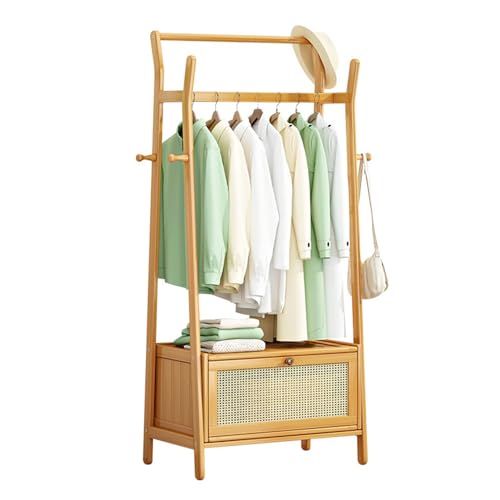 Bamboo Garment Rack, Free Standing Clothes Coat Hanger Rolling Closet Organizer with Shoe Rack Wardrobe Storage Shelves for Hall Living Room Bedroom Office