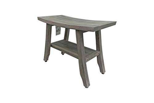 CoastalVogue Satori Shower Bench Natural Wooden Seat Shower Stool with Curved Seat and Shelf Teak Wood Shower Bench in Gray Driftwood Finish - 18 inches Long