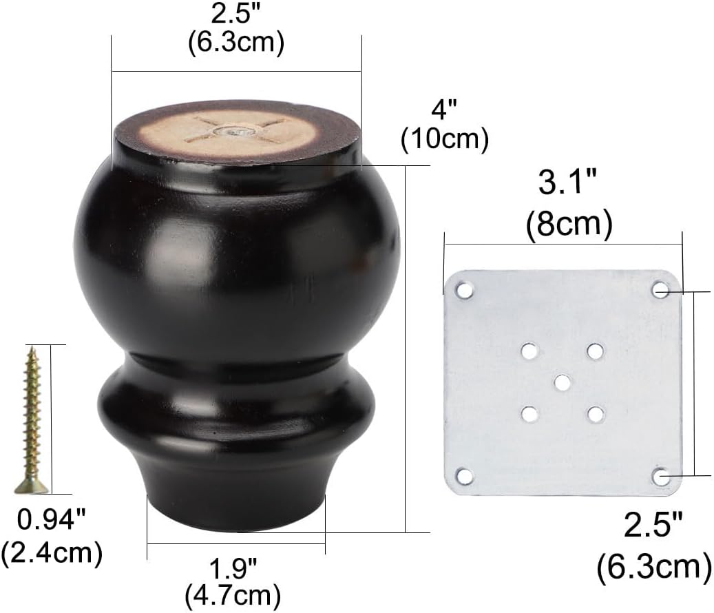 uxcell 4 Inch Solid Wood Furniture Legs Couch Chair Table Desk Closet Cabinet Feet Replacement Adjuster Set of 4 Black