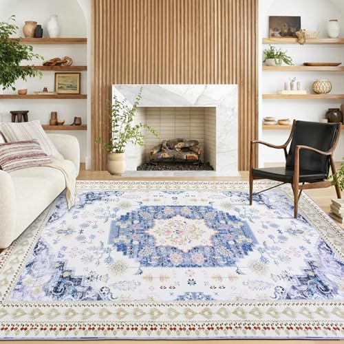 HOMBYS Traditional Boho Area Rug for Living Room Bedroom 8x10 ft, Large Floor Carpet with Non-Slip Backing for Indoor Office Dining Room, Home Deco Non-Shedding, Machine Washable, Blue