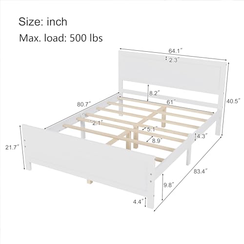 Wood Platform Bed Frame with Headboard, Mattress Foundation with Wood Slat Support, No Box Spring Needed, Queen Size, White