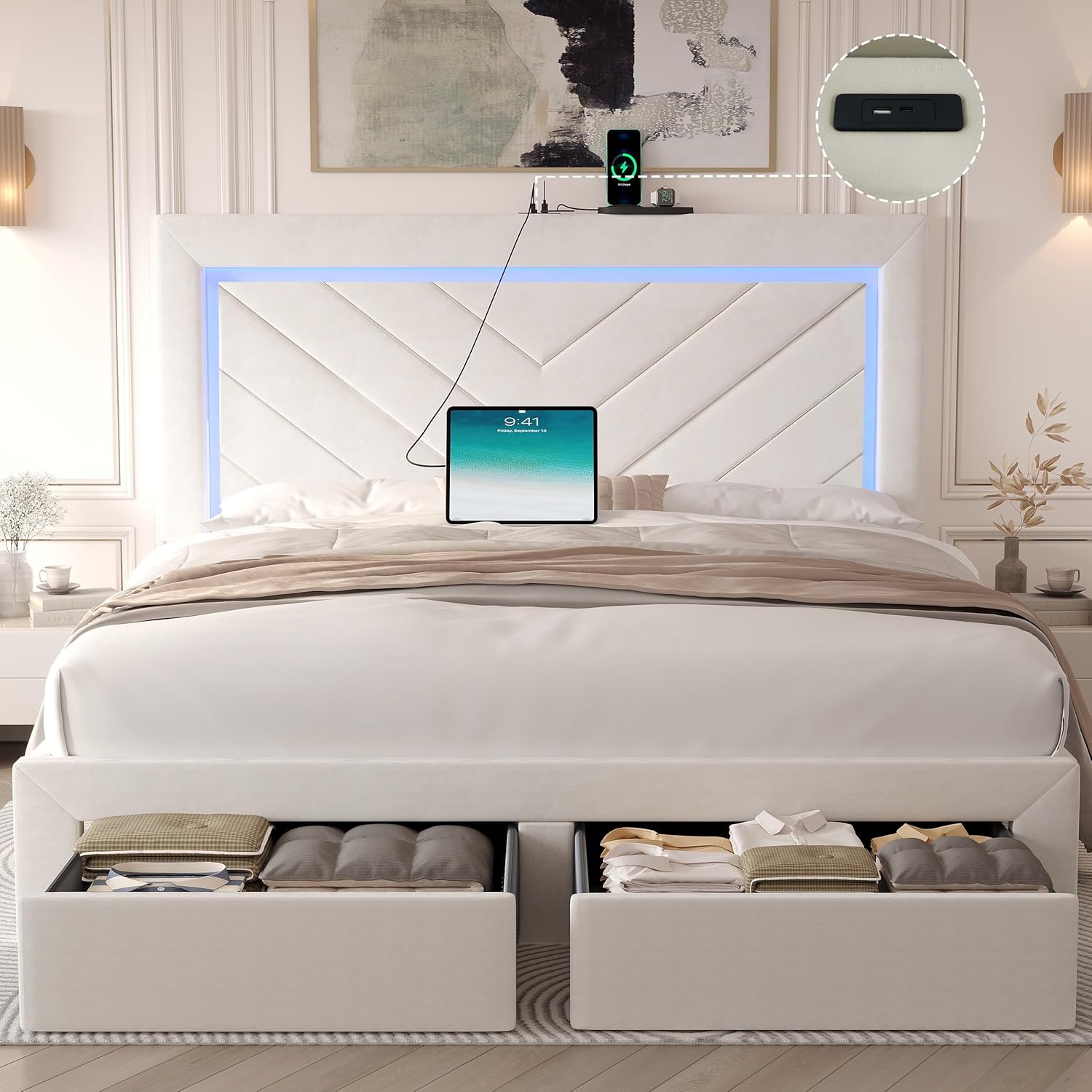 Queen Bed Frame with Adjustable Headboard and 2 Storage Drawers, Upholstered Bed Frame Queen with RGB LED Lights and Charging Station, Easy Assembly, No Box Spring Needed, Off White