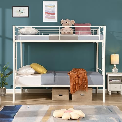 Twin Over Twin Metal Bunk Bed,Metal Structure Bedframe with Safety Guardrails and 2 ladders,Convertible Bunkbeds,No Spring Box Required and Space Saving Design (White)