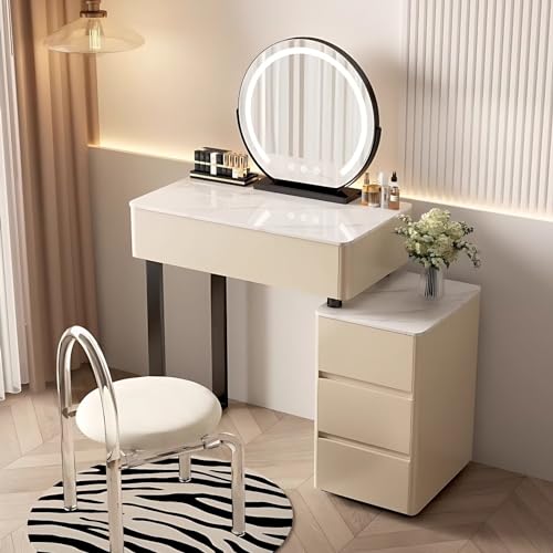White Makeup Vanity - Solid Wood Frame Vanity Set with Smart LED Lights Mirror & 4 Drawers, Luxury Vanity Desk Include Makeup Chair, Suitable for Her (19.69'')