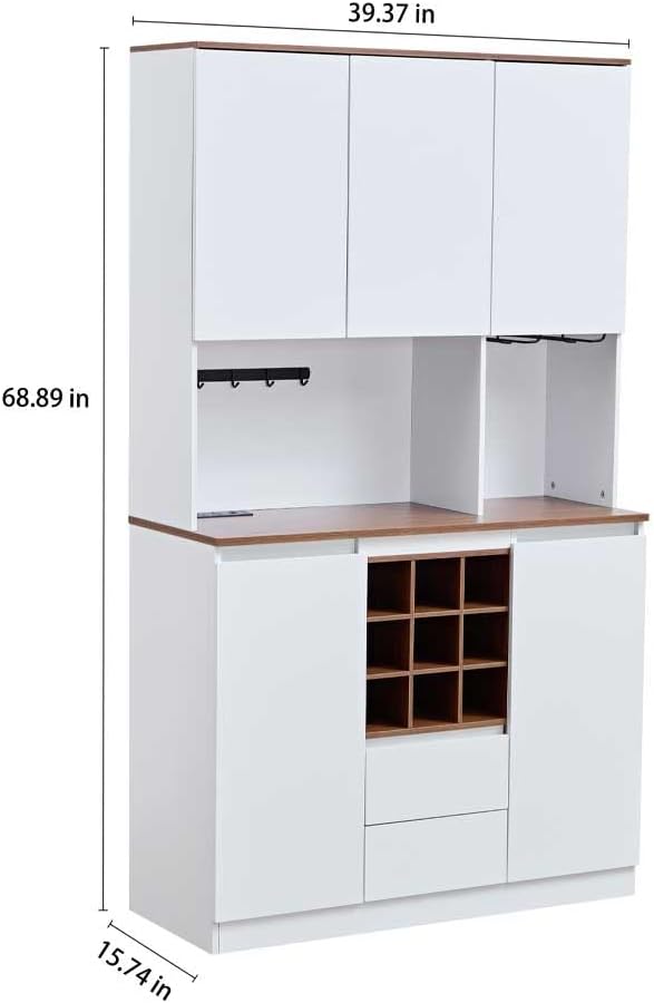 Farmhouse Coffee Bar Wine Cabinet,68.89'' Kitchen Buffet Cabinet with Storage, Liquor Cabinet for Home & Dining Room,White