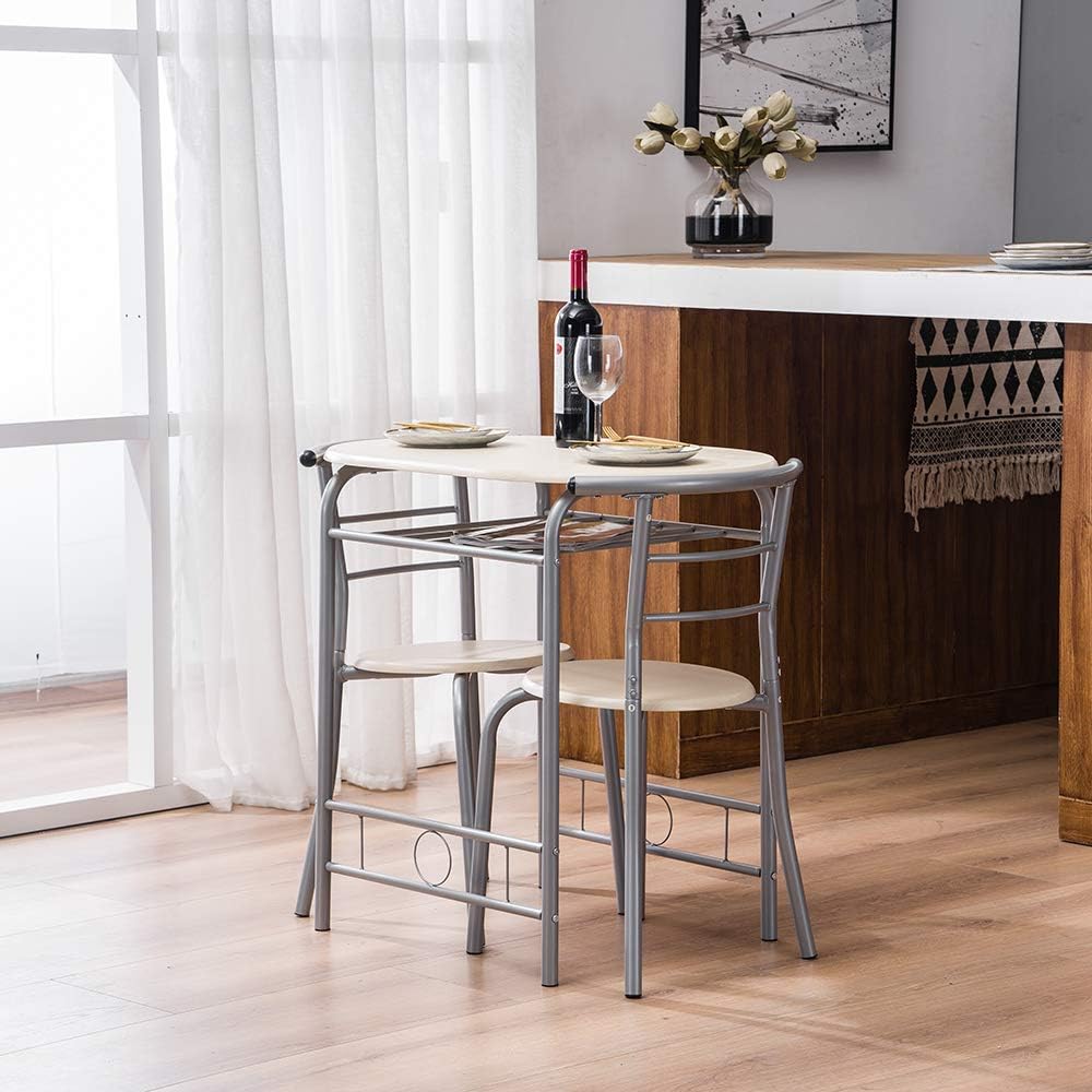 3 Piece Dining Set, Compact 2 Chairs and Table Set with Metal Frame and Shelf Storage Bistro Pub Breakfast Space Saving for Apartment and Kitchen (Natural)