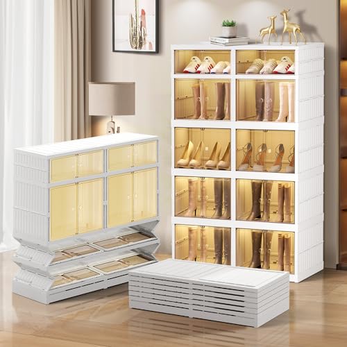 6-Tier Foldable Shoe Rack Organizer for Closet 12Pairs Plastic Shoe Shelf Collapsible Shoes Storage Box Clear Shoe Boxes Stackable with Door Easy Assembly Shoe Cabinet with Lids Large