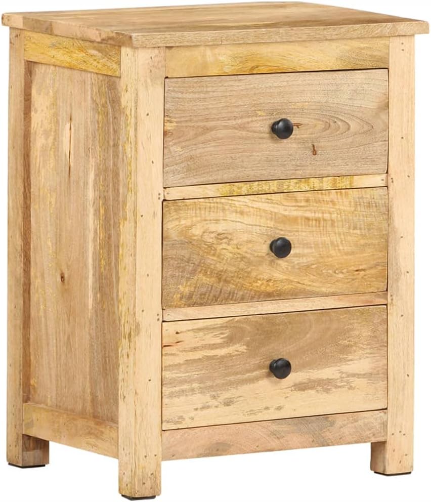 vidaXL Mango Wood Bedside Cabinet - Brown Solid Wood Nightstand with 3 Drawers, Rustic Bedroom Storage/Side Table Furniture, 17.7