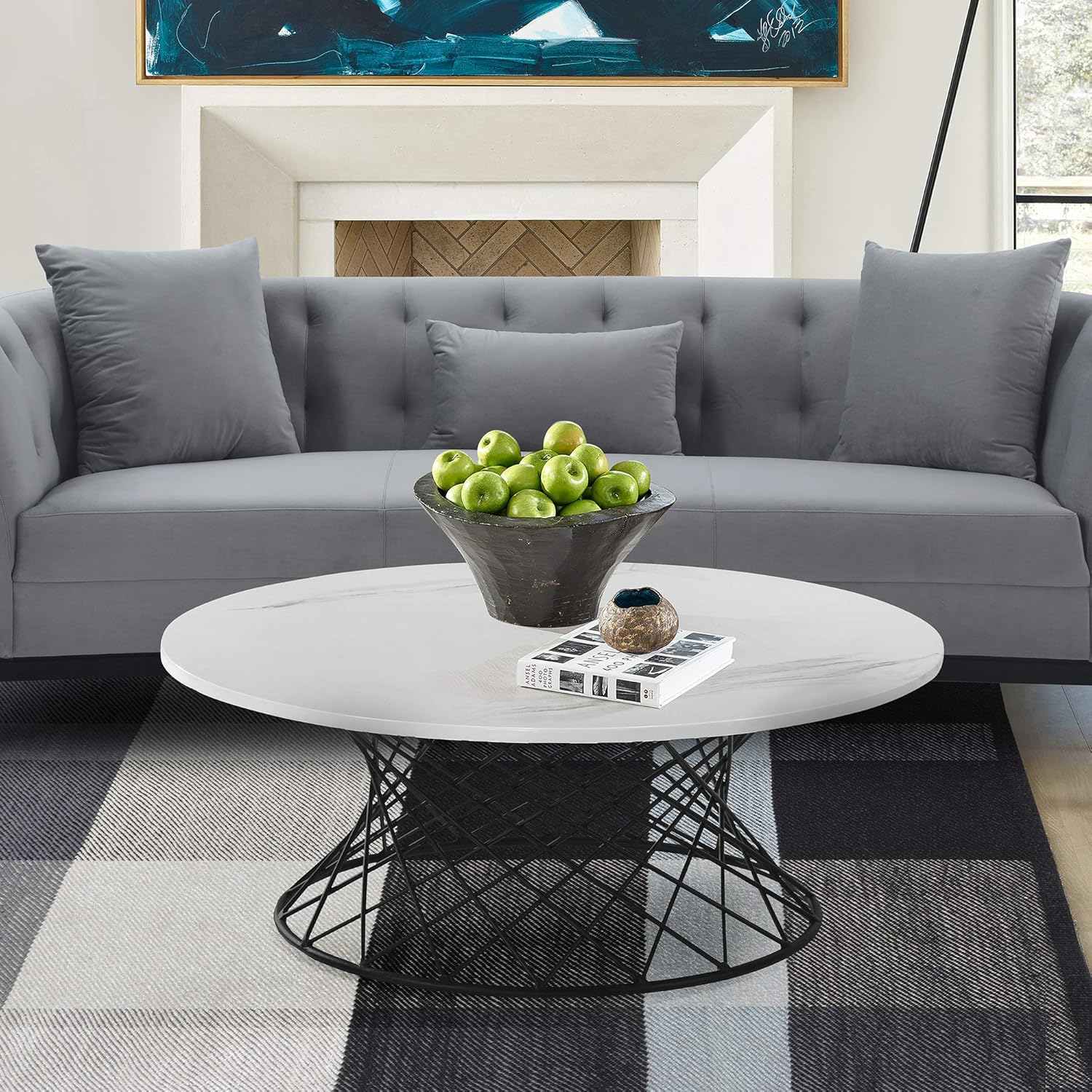 Armen Living Loxley White Marble Coffee Table with Black Metal Base