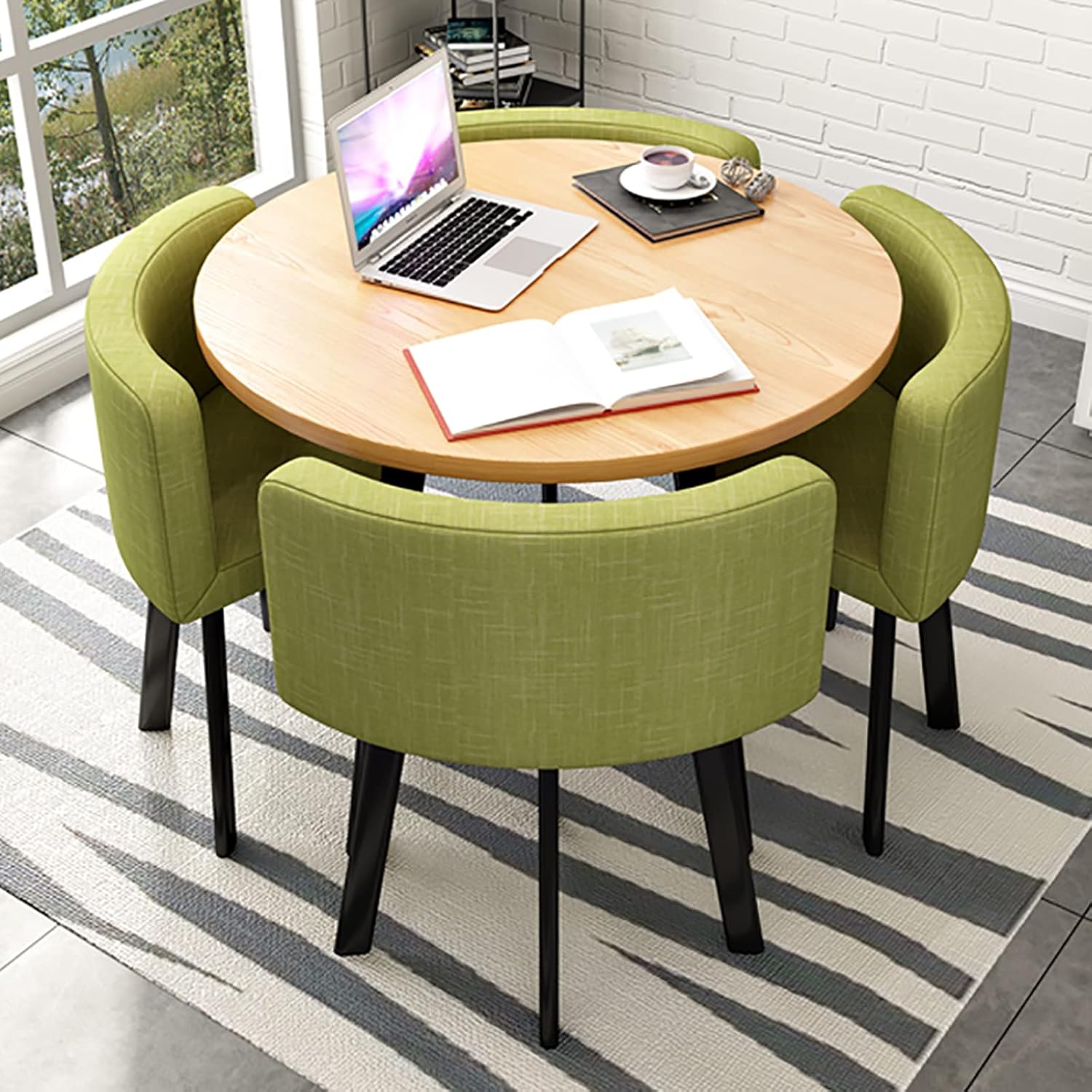 Marble Texture Round Dining Table Set Space Saving Round Dining Table Set 4 Seater Coffee Table Round Table for Dining Room and Kitchen with Recessed Rest