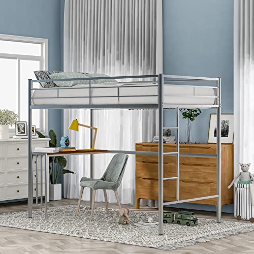 Bellemave Metal Twin Size Loft Bed with Desk, Heavy Duty Bedframe with Ladder and Safety Guardrail, Space-Saving, Noise Free, No Box Spring Needed (White)