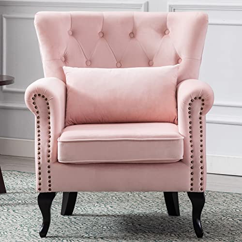 Mid Century Modern Accent Chair Upholstered Armchair Comfy Velvet Fabric Single Sofa with Tufted Wingback for Small Spaces Bedroom Living Room, Hot Pink
