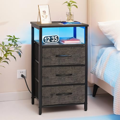 Yoobure Night Stand with Charging Station, 20 Colors LED Nightstand with USB Ports and Outlets, End Table with 3 Fabric Drawers and Storage Shelf, Bedside Tables Small Dresser for Small Space, Grey