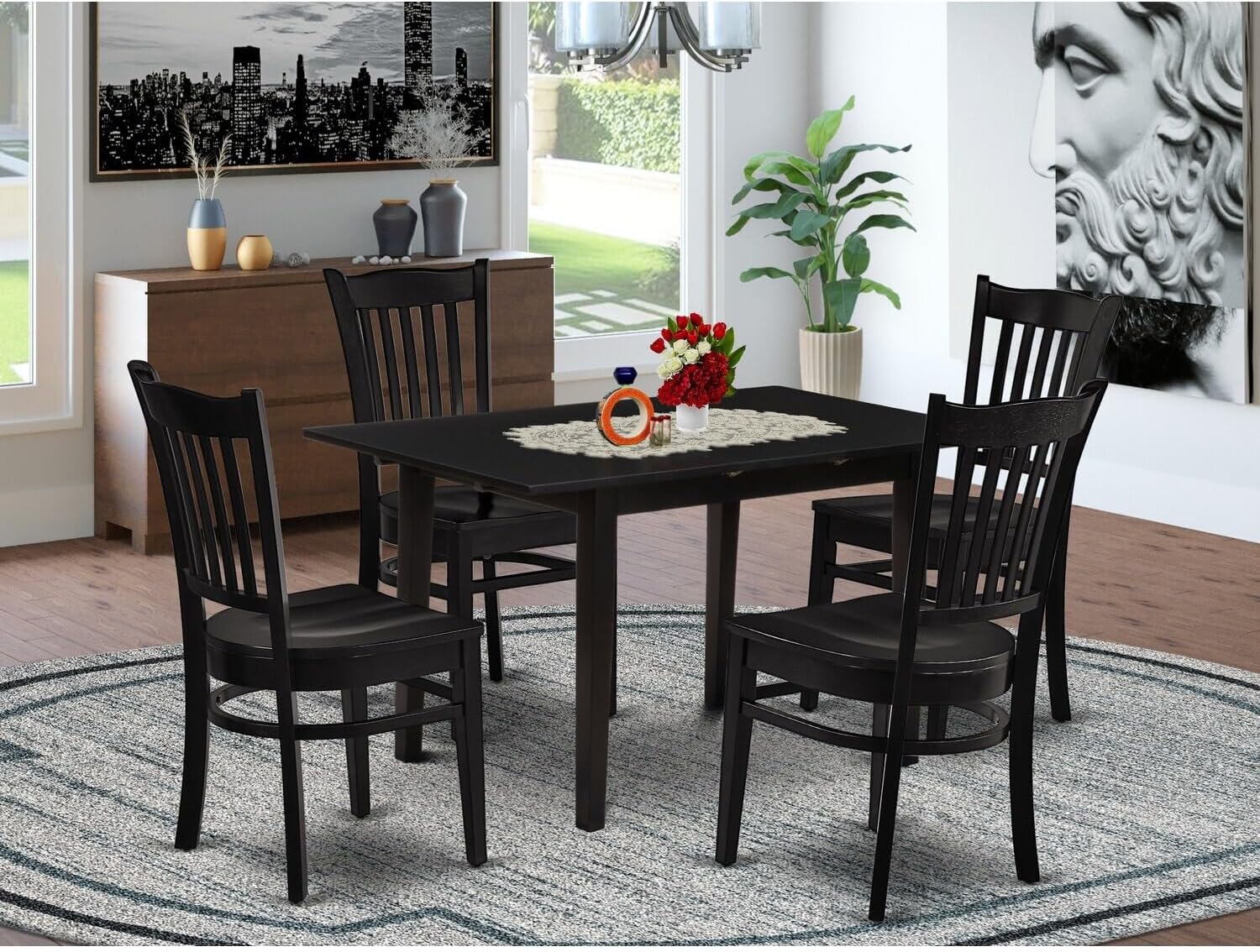 Mediterranean Mastery 5-Pc Rectangular Dining Table Set 4 Dining Chairs with Slatted Back and Wooden Seat and Butterfly Leaf Table with Rectangular Top and 4 Legs- Black Finish
