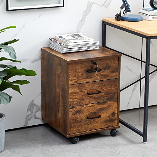 Mobile File Cabinet with Lockable Drawer, 3-Drawers Under Desk Cabinet with 360°Swivel Wheels, Wooden Stationery Storage Cabinet for Legal/Letter/ A4 Documents (Brown)