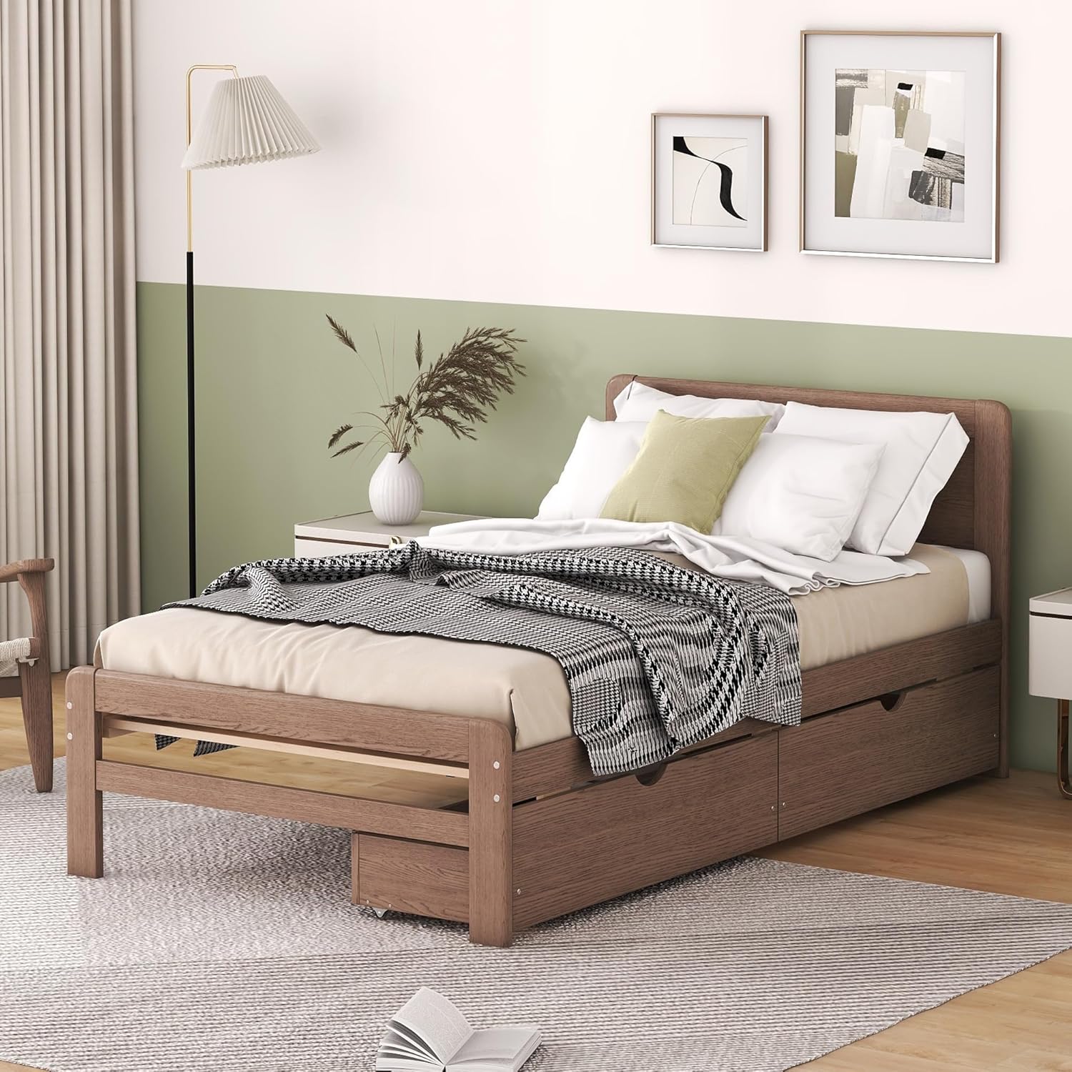 Platform Bed Twin Size Storage with 2 Storage Drawers Under Bed, Solid Wood Daybed with Headboard for Kids Teen Boys Grils, Space-Saving, No Box Spring Needed