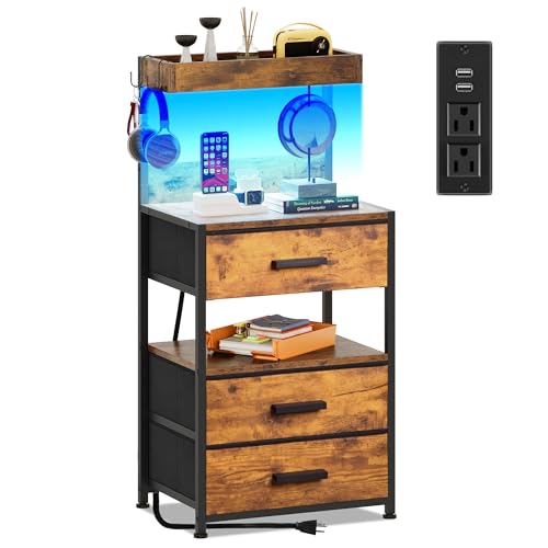 Nightstand 3 Drawer Dresser with LED Lights and Charging Station, Vertical Side Table with Fabric Drawers, End Table, Bedside Table and Dresser for Bedroom, Hallway, Entryway (White)