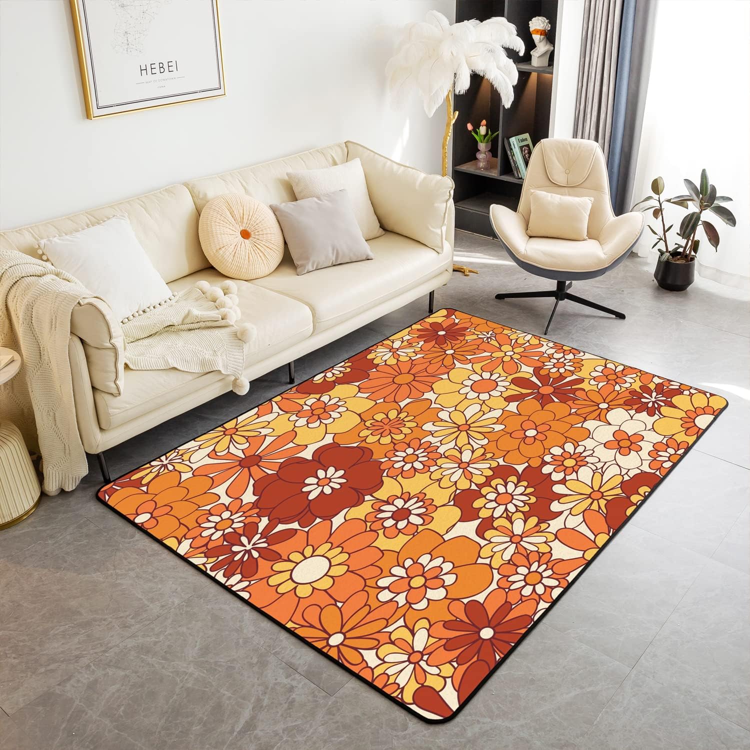 Groovy Flower Area Rug Retro Floral Boho Living Room Rugs for Bedroom Home Decor 70S Hippie Flowers Bohemian Carpet Ultra Soft Non-Slip Indoor Floor Mat 3'x5'