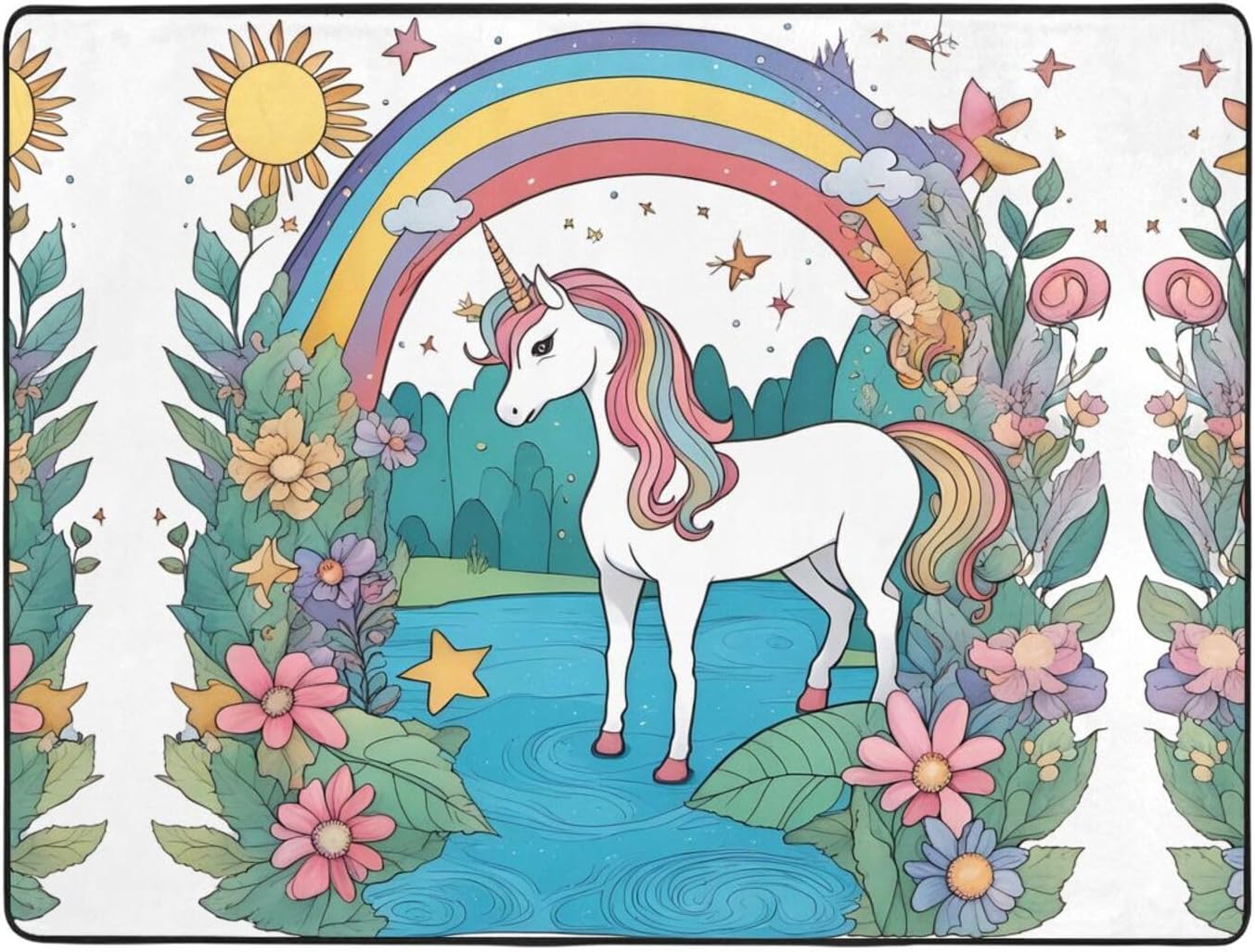 Area Rugs,Living Room Floor Mats Runner Rug Non-Skip Nursery Mat Playing Carpet 63 x 48 inch Unicorns by The river Pattern
