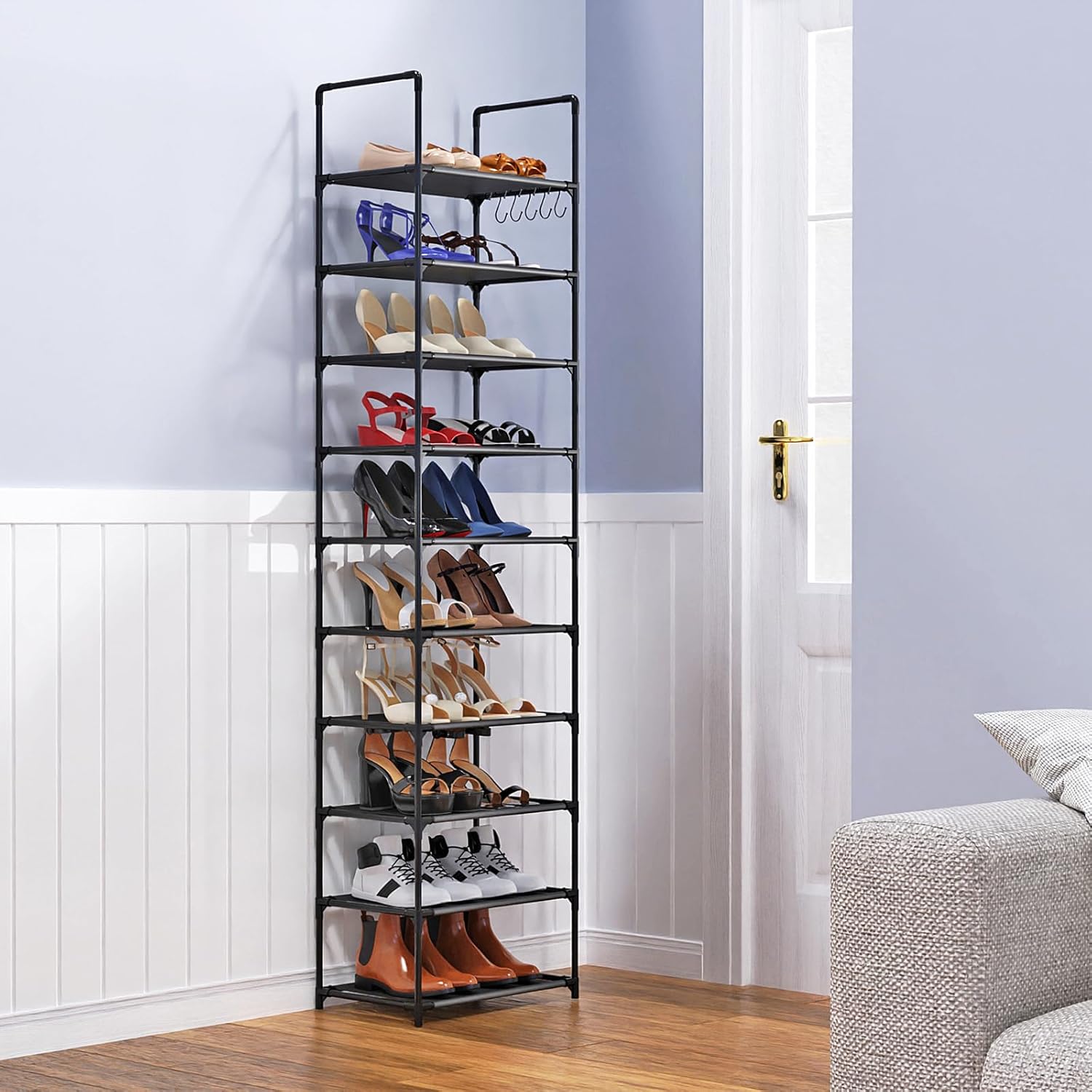 10 Tiers Tall Shoe Rack, 20-25 Pairs Boots Organizer Storage Sturdy Narrow Shoe Shelf, Black Metal Stackable Shoe Rack for Entryway, Closet with Hooks