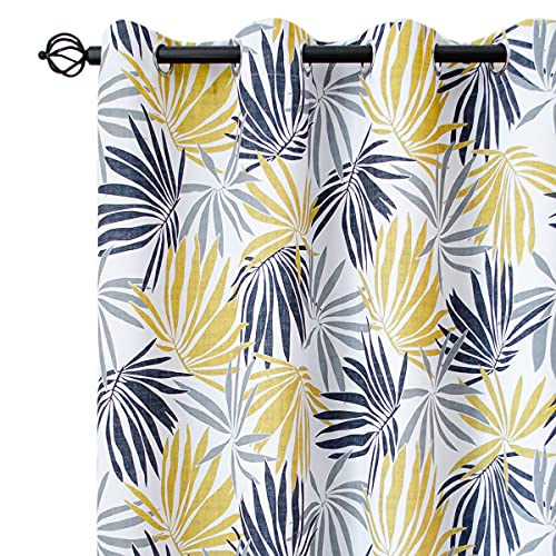 Mustard Leaf Curtains for Bedroom, Gray and Yellow Patterned Blackout Curtains 84 Inch length 2 Panels Set, Light Blocking Room Darkening Curtains Grommet Thermal Insulating Curtain Drapes