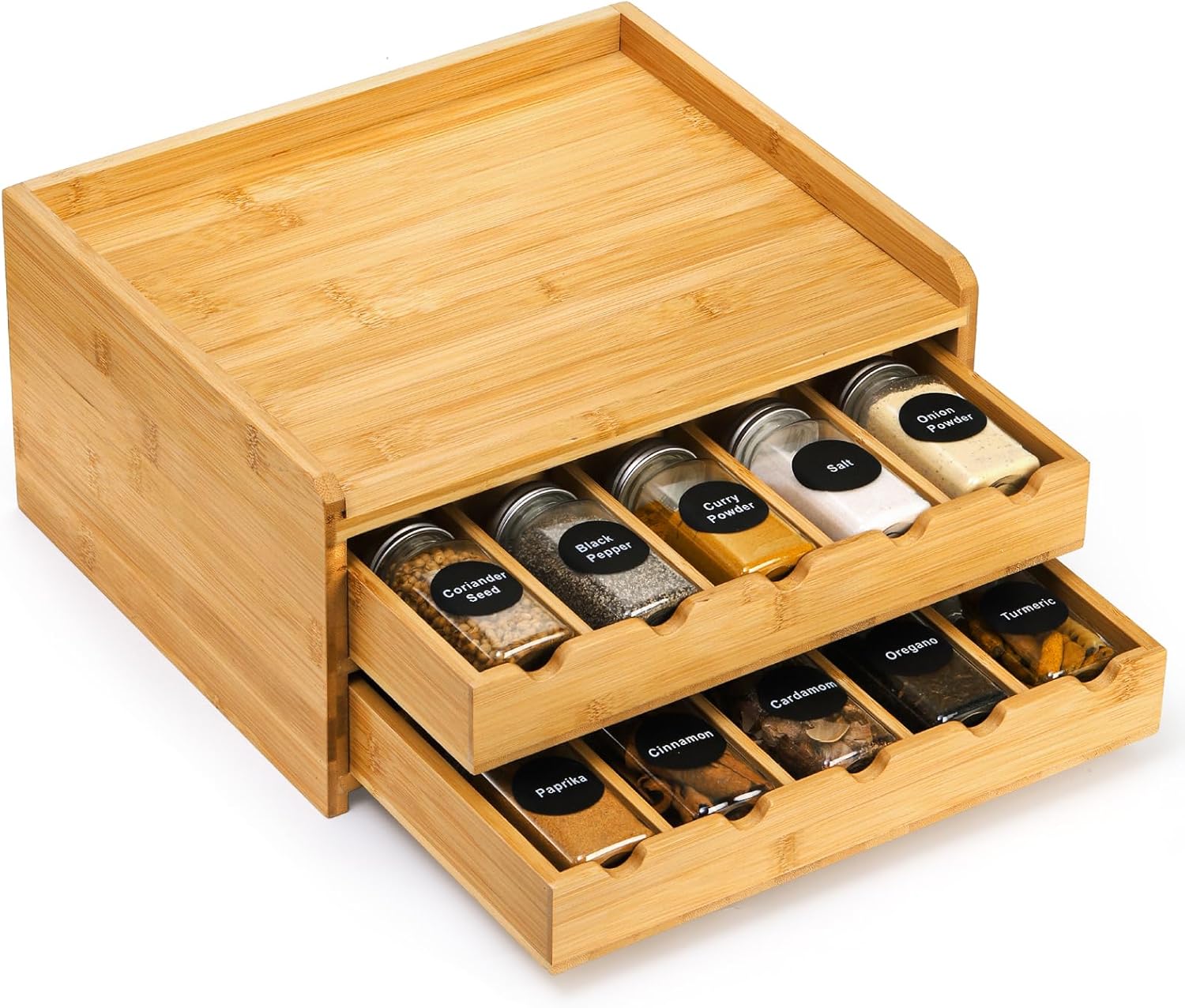 Jucoan Bamboo Spice Rack Organizer, 2-Tier Pull Out Spice Seasoning Shelf Holder 20-Bottles Seasoning Spices Jars Organizer for Kitchen Countertop Cabinet No Assembly Required