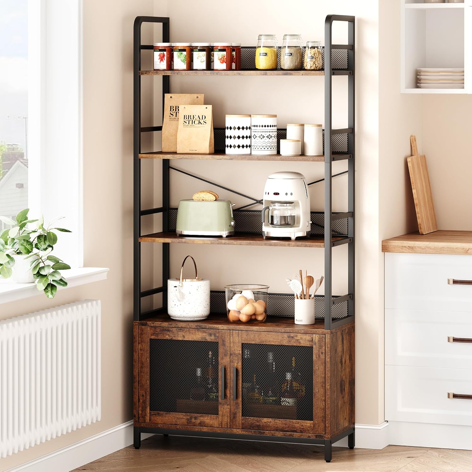 IDEALHOUSE Industrial Bookshelf with Doors Rustic Bookcase with 4 Tiers Open Storage Shelf Brown Bookshelves 70.87