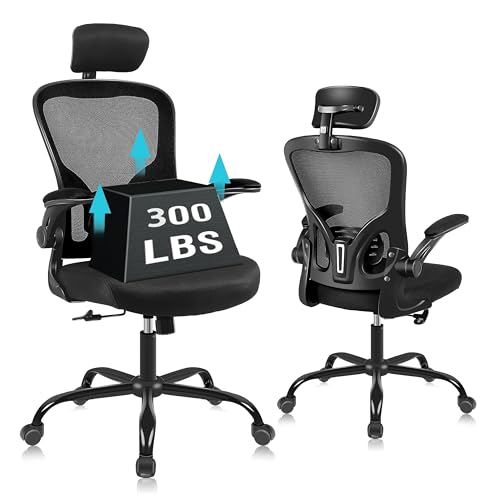 Ergonomic Office Desk Chair Breathable Mesh Swivel Computer Chair, Lumbar Back Support Task Chair, Office Chairs with Lumbar Support Headrest and Flip-up Arms(Black)