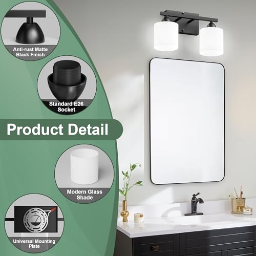 Black Bathroom Lights Over Mirror, Anti-rust Vanity Light Fixture for Bathroom, Modern 2-Light Wall Sconce Light for Living Room, Standard E26 Base, Milky White Glass Shades, Bulbs Not Included