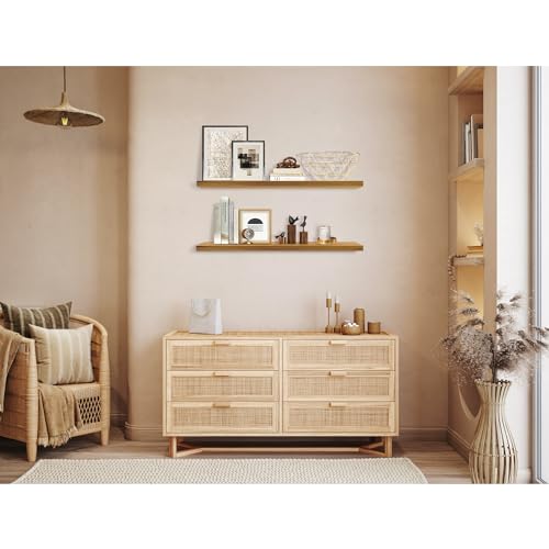 ILOT Teak Wood Floating Shelves Perfect for Bathroom Décor Pack of 2 Wooden Wall Shelves for Bedroom Living Room Kitchen Simple Minimalist Home Décor 36” x 6.7”