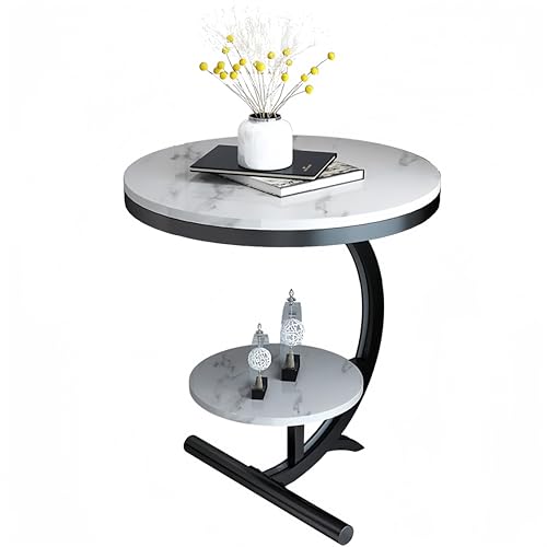 Luxury Marble Sofa Side Table 2 Tier Round Corner Table for Living Room Hotel Sofa End Bedside Table (Gold+Black)