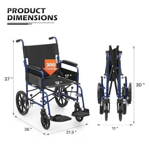 monicare Wheel Chair for Adults Folding Transport Foldable Wheelchair with Dual Cross Brace Frame 18 inch Wide Seat Chair for Storage and Travel Use, 300 lbs Weight Capacity, Red