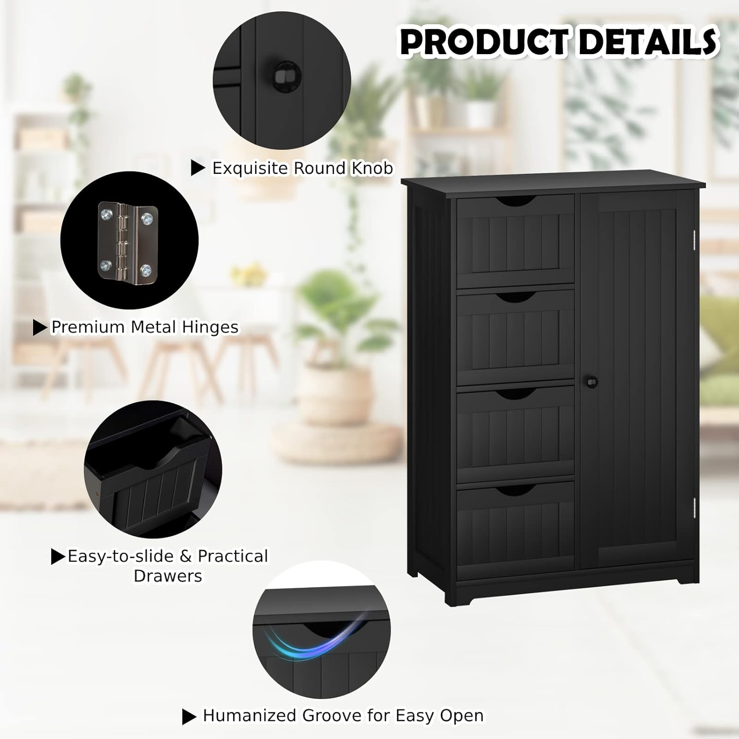 Bathroom Floor Cabinet, Freestanding Storage Organizer Unit with Adjustable Shelf, 1 Doors and 4 Drawers, Wooden Freestanding Cupboard for Entryway Kitchen Living Room (Black)
