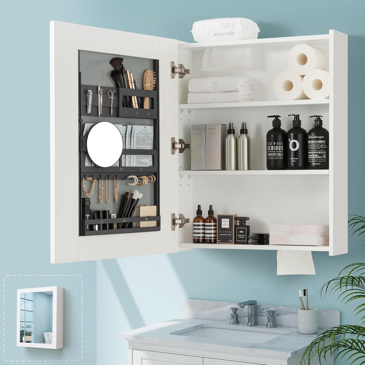 Bathroom Mirror Cabinet - Large Single Door 24x30 inchs Bathroom Mirror with Storage Medicine Cabinet Mirror with Buffering Hinge Adjustable Shelves Durable and MDF Construction