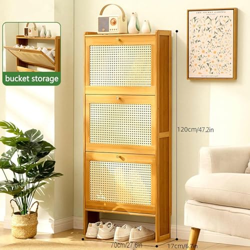 Rattan Shoe Cabinet with 3 Flip Drawers, Free Standing Shoe Racks Slim Bamboo Shoe Shelf Portable Shoe Rack Organizer for Closet Hallway Bedroom Entryway,B-70 * 17 * 120cm