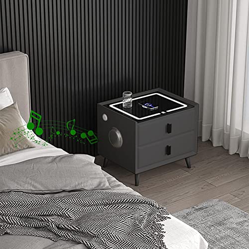 Smart Nightstands with Wireless Charging Station, USB Port, Modern Nightstands with 3 Color LED Lights and Speaker, Wooden End Side Table for Bedroom, Dorm, 2 Storage Drawers