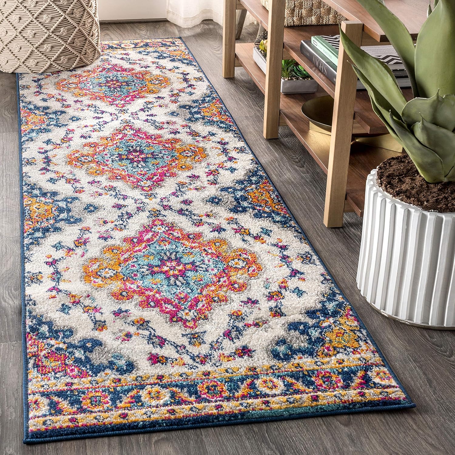 JONATHAN Y BMF106A-220 Bohemian FLAIR Boho Vintage Medallion Indoor Area-Rug, Traditional, Transitional Easy-Cleaning,Bedroom,Kitchen,Living Room,Non Shedding, Blue/Multi, 2 X 20