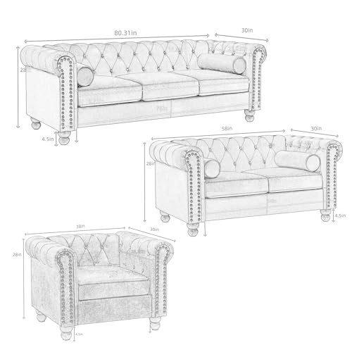 Green Velvet Sofa Couch Set of 3, 3-Piece Living Room Set, Including 3-Seater Sofa, Loveseat and Armchair